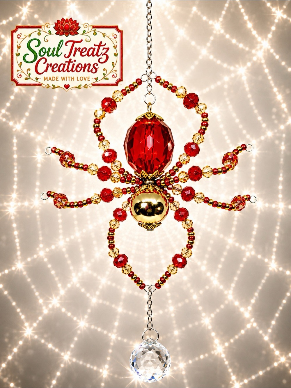 Red & Gold Crystal Beaded Spider Sun Catcher